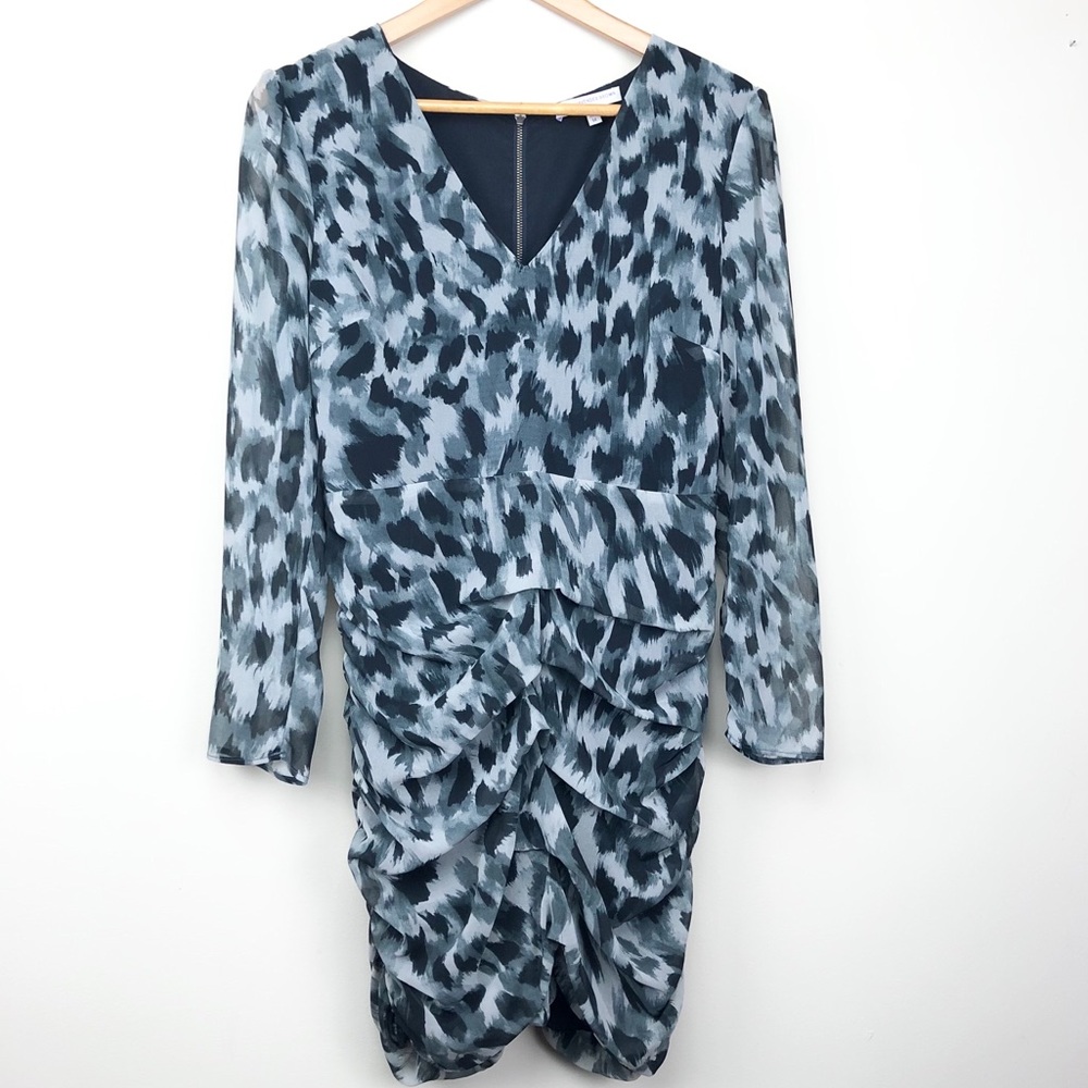 Lavender Brown Snow Leopard Ruched Mini Dress (M)